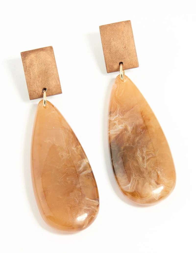 Gold Wood Oval Drop Earrings