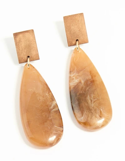 Gold Wood Oval Drop Earrings