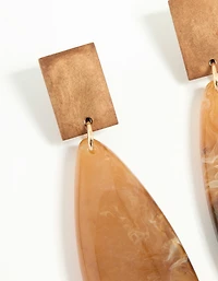 Gold Wood Oval Drop Earrings
