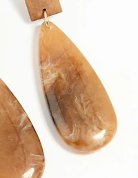 Gold Wood Oval Drop Earrings