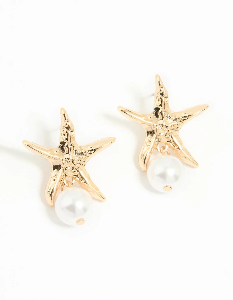 Gold Pearl Starfish Drop Earrings