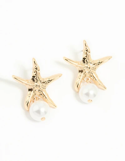 Gold Pearl Starfish Drop Earrings