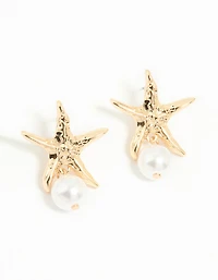 Gold Pearl Starfish Drop Earrings