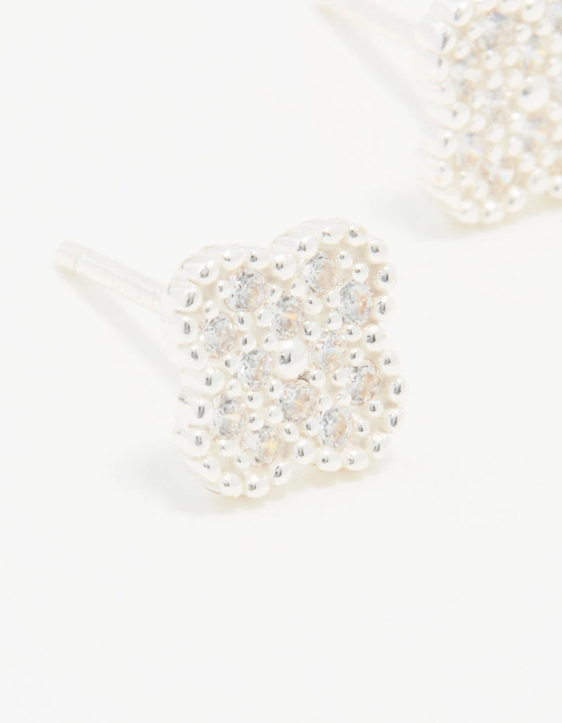 Sterling Silver Cubic Zirconia Pave Flower Stud Earrings