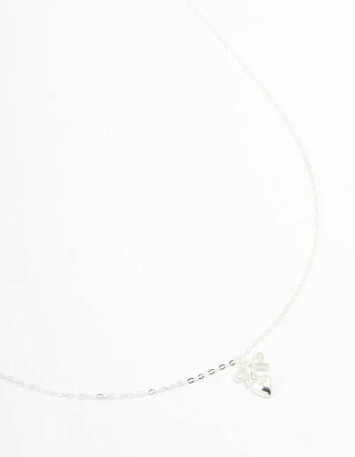 Sterling Silver Bow & Heart Drop Necklace