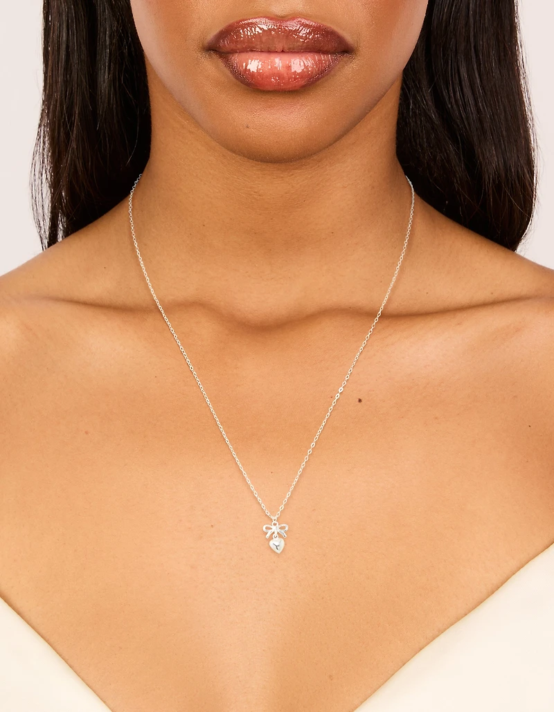 Sterling Silver Bow & Heart Drop Necklace