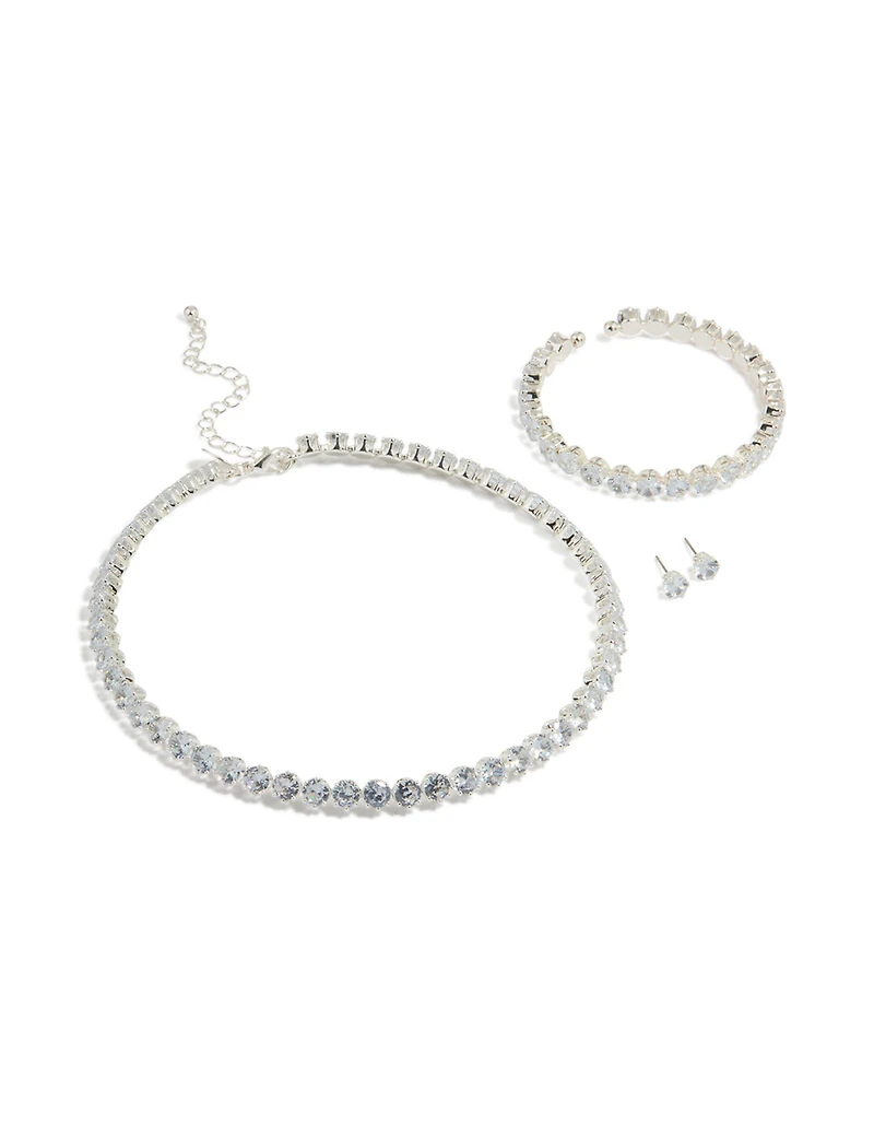 Silver Cubic Zirconia Navette Tennis Set