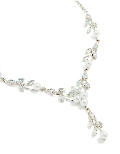 Silver Pearl Cubic Zirconia Y-Necklace