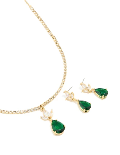Gold Green Cubic Zirconia Pear Necklace & Earrings Set