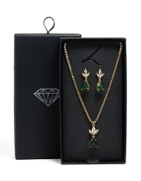 Gold Green Cubic Zirconia Pear Necklace & Earrings Set