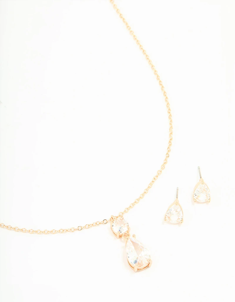 Gold Cubic Zirconia Classic Teardrop Earrings & Necklace Set