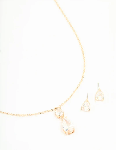 Gold Cubic Zirconia Classic Teardrop Earrings & Necklace Set