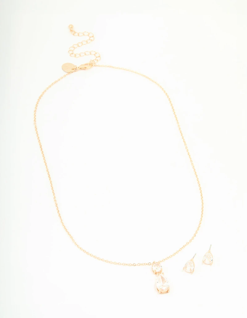 Gold Cubic Zirconia Classic Teardrop Earrings & Necklace Set