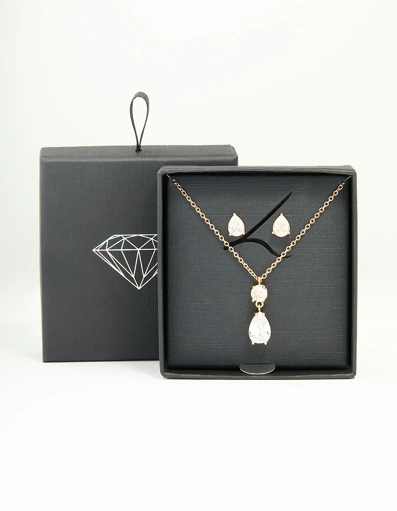 Gold Cubic Zirconia Classic Teardrop Earrings & Necklace Set