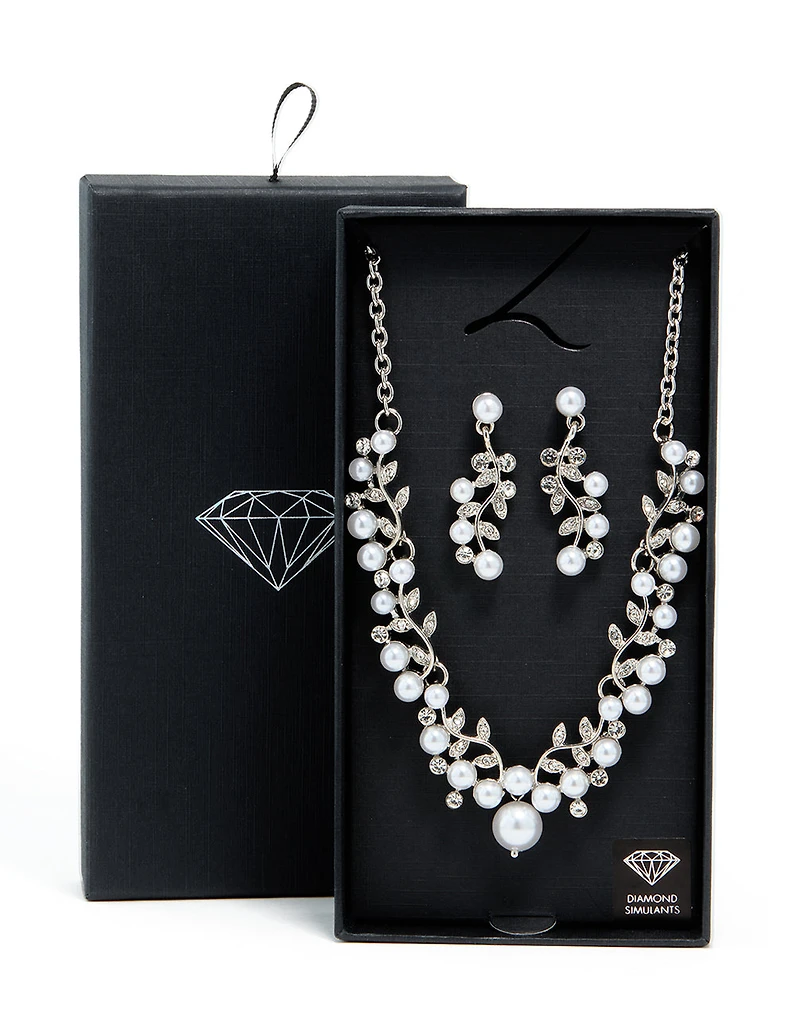 Silver Cubic Zirconia Pearl Vine Necklace & Earrings Set