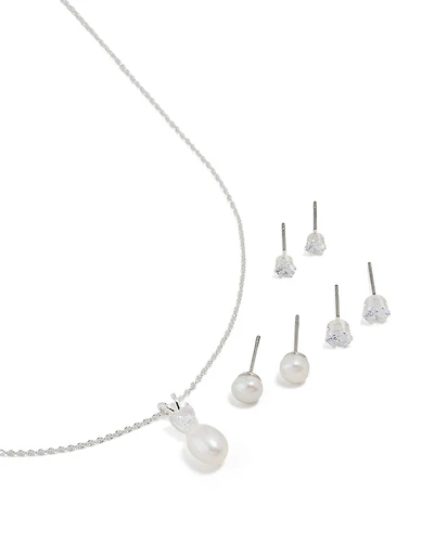 Silver Cubic Zirconia Freshwater Pearl Stud Necklace & Earrings Set