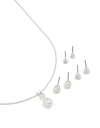 Silver Cubic Zirconia Freshwater Pearl Stud Necklace & Earrings Set