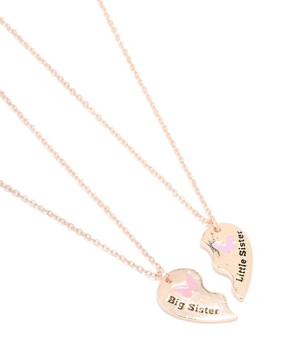 Kids Rose Gold Butterfly Heart Big & Little Sister Necklaces 2-Pack