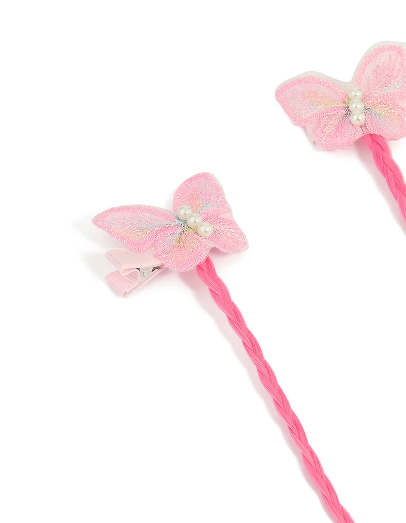 Kids Pink Faux Hair Fabric Butterfly Clips 2-Pack