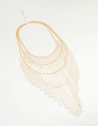 Gold Pearl Diamante Drop Statement Necklace