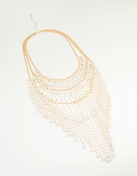 Gold Pearl Diamante Drop Statement Necklace