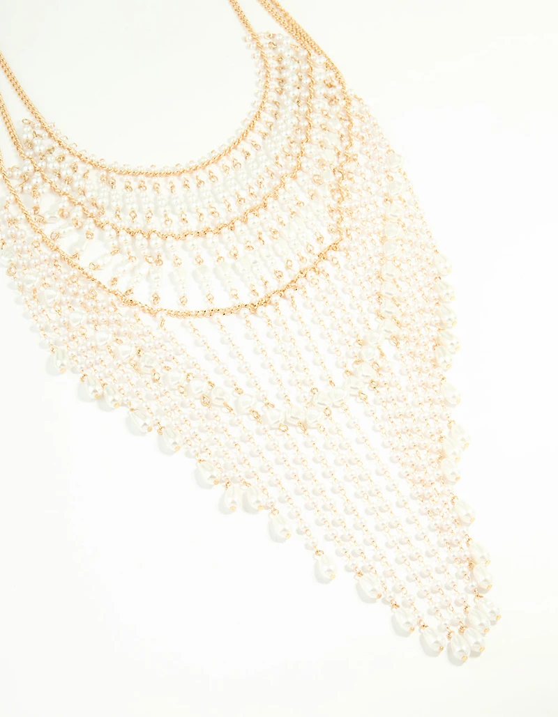 Gold Pearl Diamante Drop Statement Necklace