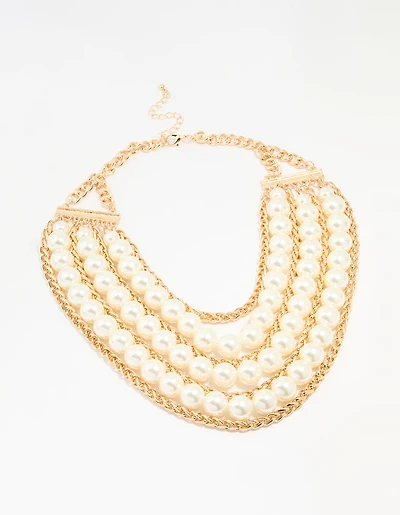 Gold Pearl Chain Layered Statement Necklace