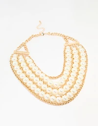 Gold Pearl Chain Layered Statement Necklace