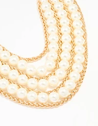 Gold Pearl Chain Layered Statement Necklace