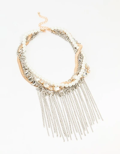 Mixed Metal Pearl Chain Fringe Necklace
