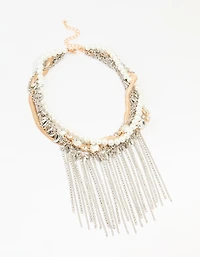 Mixed Metal Pearl Chain Fringe Necklace