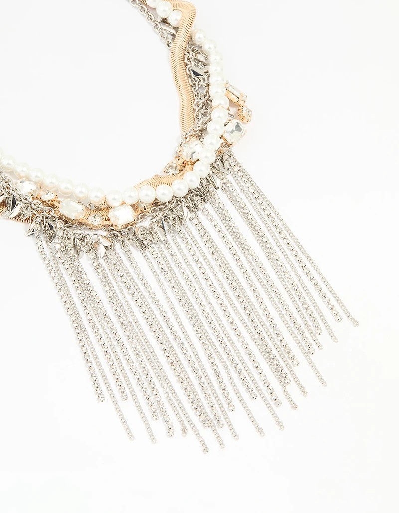 Mixed Metal Pearl Chain Fringe Necklace
