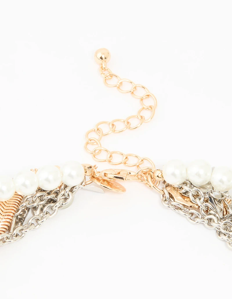 Mixed Metal Pearl Chain Fringe Necklace