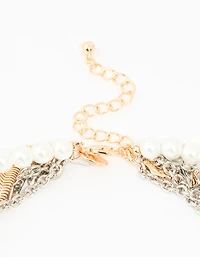 Mixed Metal Pearl Chain Fringe Necklace