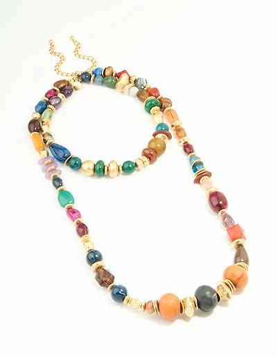 Worn Gold Multicoloured Beaded Layered Long Necklace
