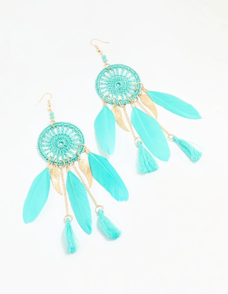 Blue Feather Dreamcatcher Drop Earrings