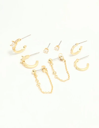 Gold Plated Cubic Zirconia Baguette Hoop & Chain Earrings 4-Pack