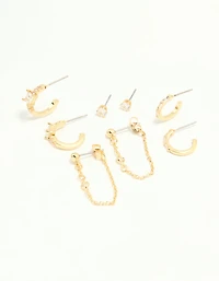 Gold Plated Cubic Zirconia Baguette Hoop & Chain Earrings 4-Pack