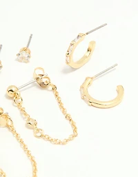 Gold Plated Cubic Zirconia Baguette Hoop & Chain Earrings 4-Pack