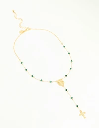 Gold Plated Green Semi Precious Stone Cross Y-Necklace