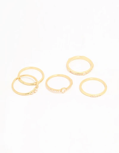 Gold Plated Cubic Zirconia Plain & Heart Stacking Rings 5-Pack