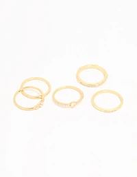 Gold Plated Cubic Zirconia Plain & Heart Stacking Rings 5-Pack