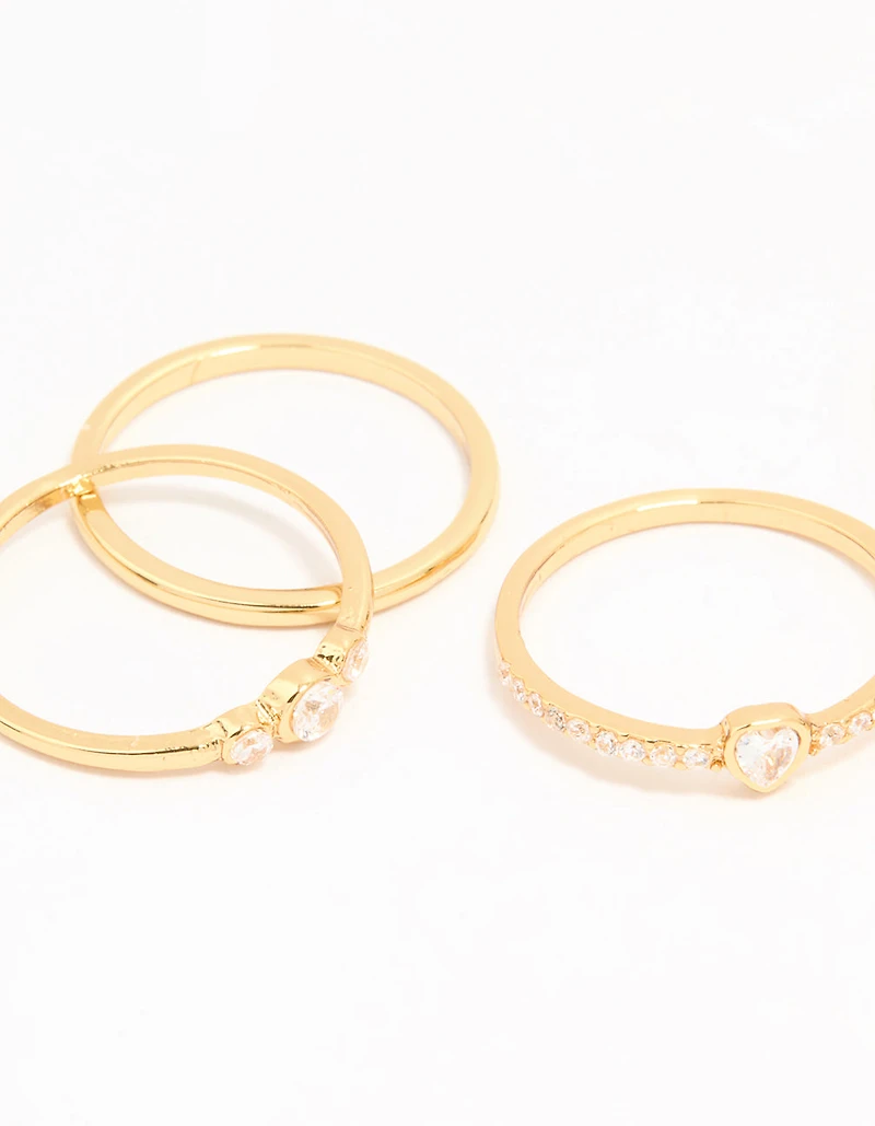 Gold Plated Cubic Zirconia Plain & Heart Stacking Rings 5-Pack