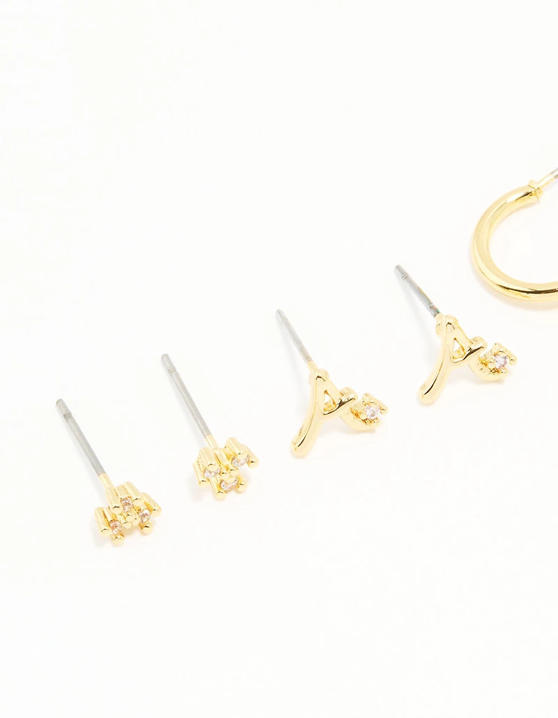 Gold Plated Cubic Zirconia Letter A Dainty Flower Earrings 4-Pack