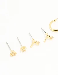 Gold Plated Cubic Zirconia Letter A Dainty Flower Earrings 4-Pack