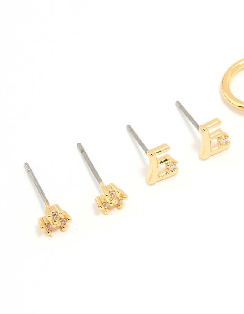 Gold Plated Cubic Zirconia Letter E Dainty Flower Earrings 4-Pack