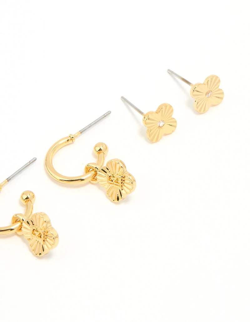 Gold Plated Cubic Zirconia Letter E Dainty Flower Earrings 4-Pack