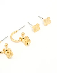Gold Plated Cubic Zirconia Letter E Dainty Flower Earrings 4-Pack