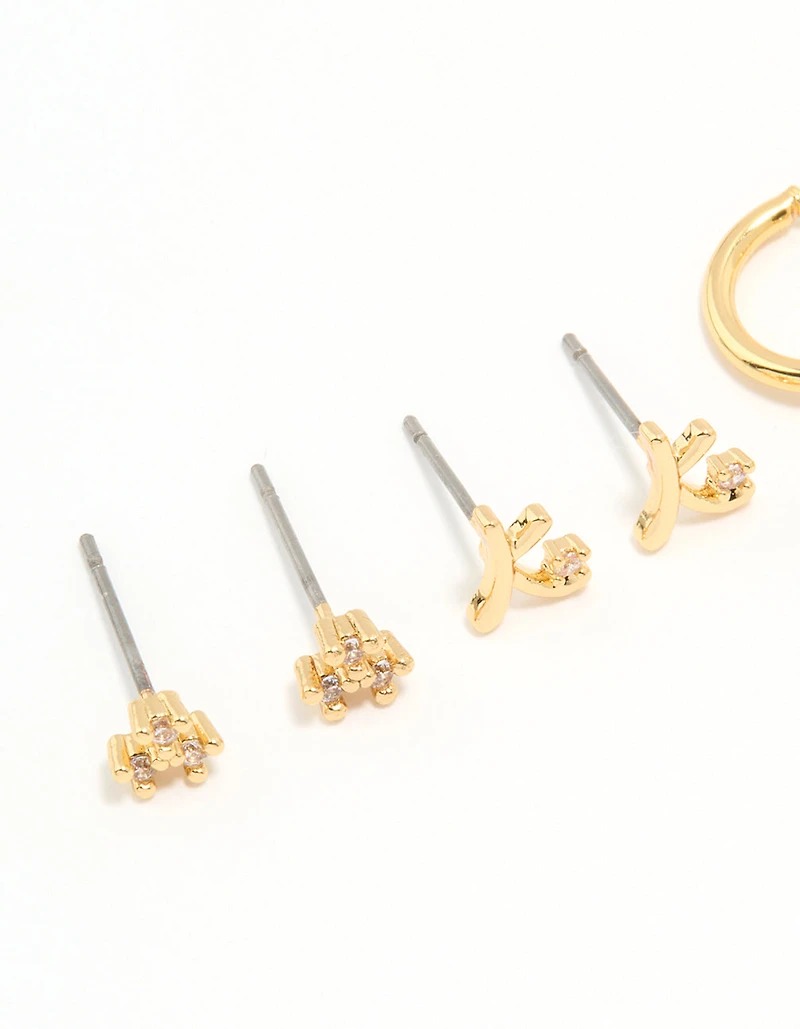 Gold Plated Cubic Zirconia Letter K & Dainty Flower Earrings 4-Pack