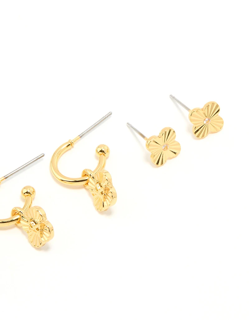 Gold Plated Cubic Zirconia Letter K & Dainty Flower Earrings 4-Pack